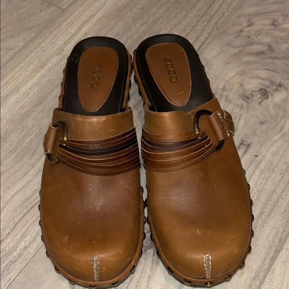 Ecco Shoes - Ecco Leather Studded Slip On Size 6 EU 37 Mules Clogs Chunky Strap Boho Brown